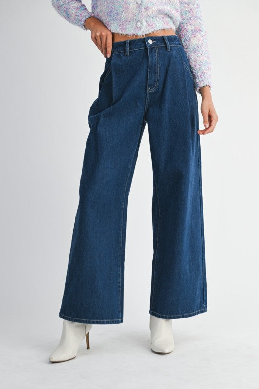Mable Denim High Waist Pintuck Wide Leg Jean Pants