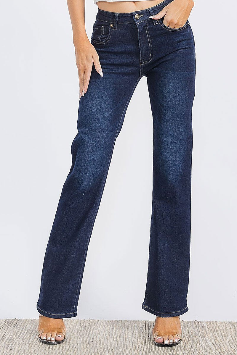 Best Dark Denim Button Closure Stretch Washed Denim Wide Leg Pants
