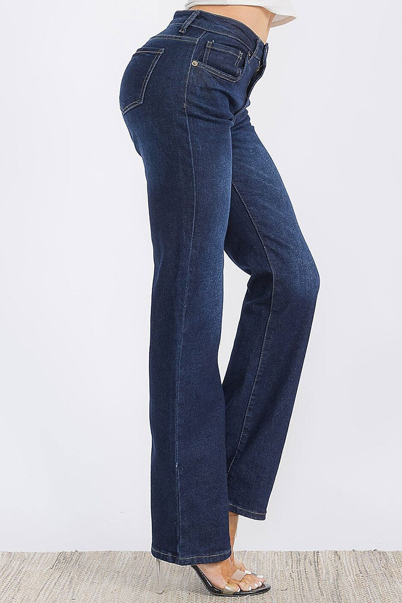 Best Dark Denim Button Closure Stretch Washed Denim Wide Leg Pants