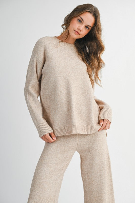 Mable Caught Up In The Moment Taupe Long Sleeve Crew Neck Knit Top
