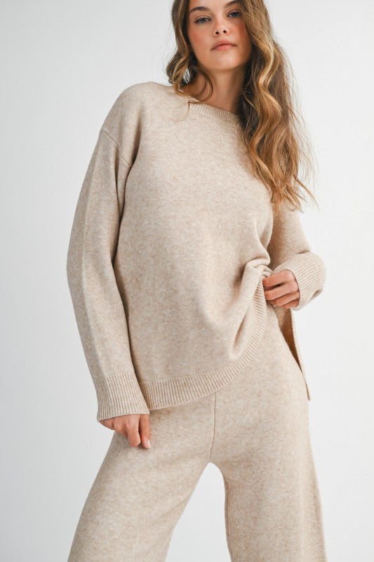Mable Caught Up In The Moment Taupe Long Sleeve Crew Neck Knit Top