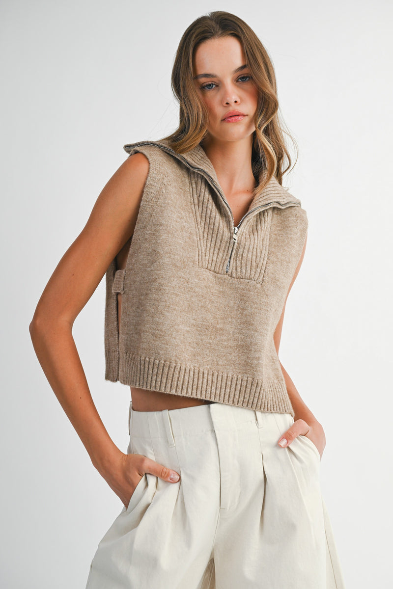 Mable Mocha Half Zip-up Side Open Knit Sweater Vest