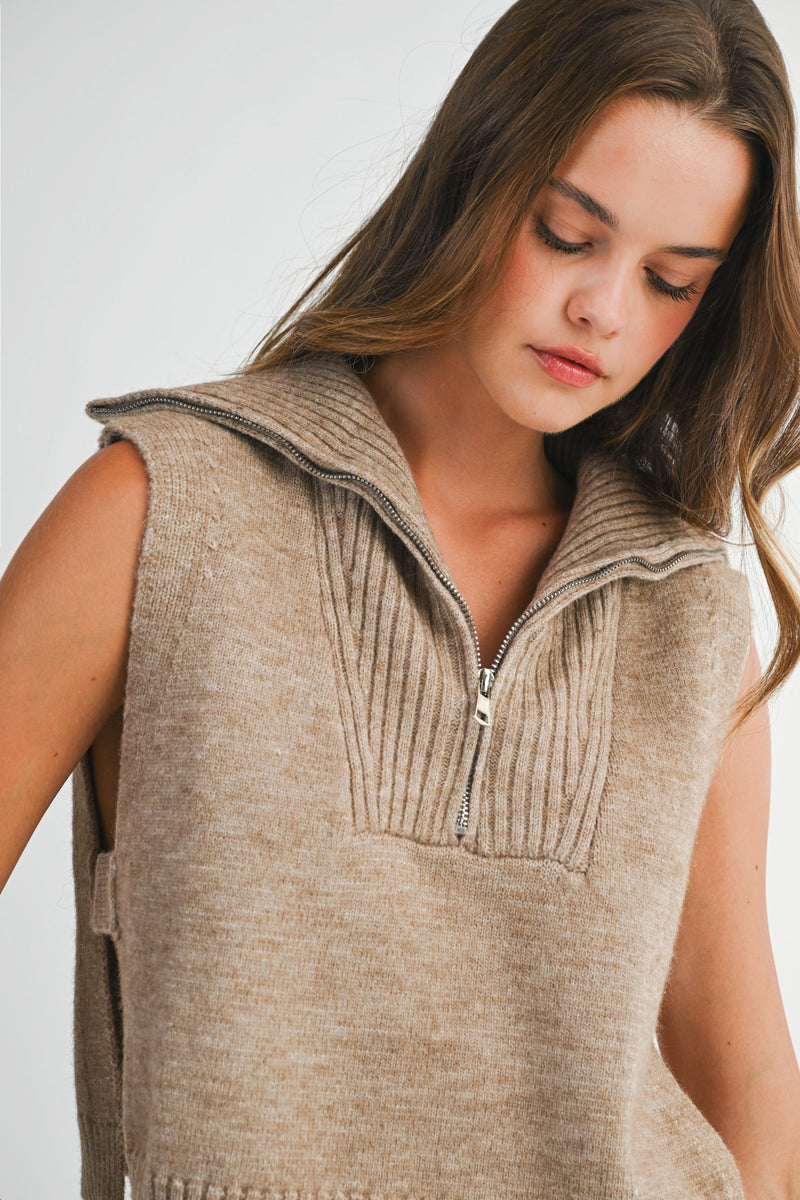 Mable Mocha Half Zip-up Side Open Knit Sweater Vest