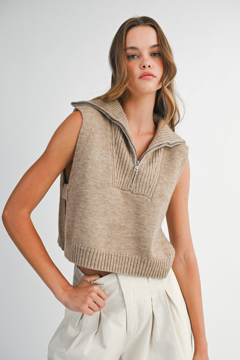 Mable Mocha Half Zip-up Side Open Knit Sweater Vest
