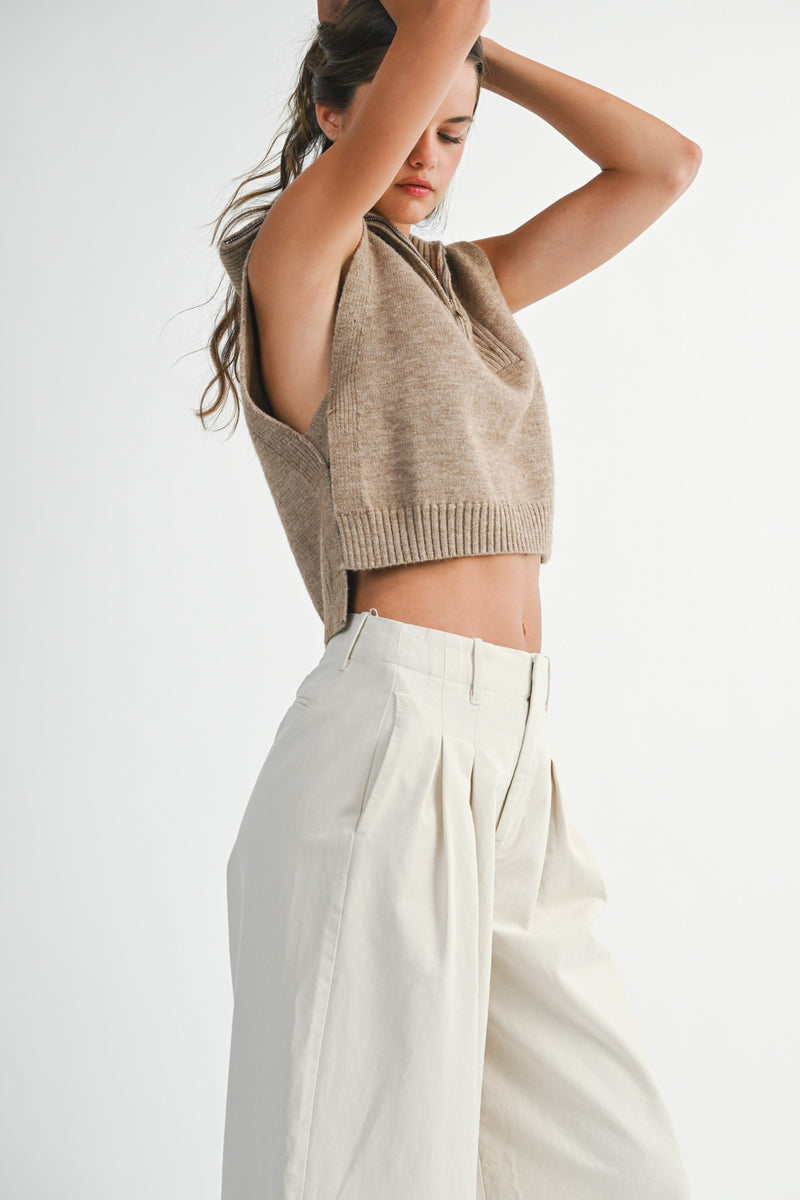 Mable Mocha Half Zip-up Side Open Knit Sweater Vest
