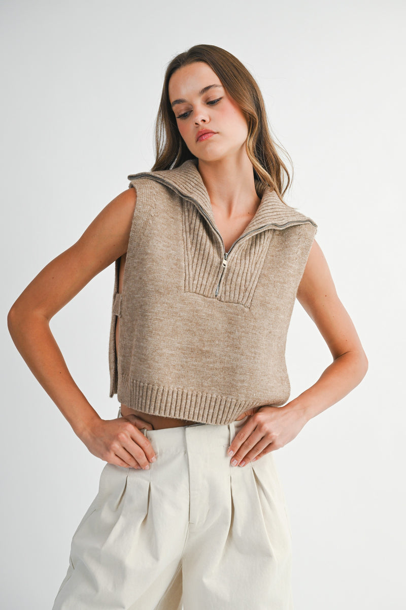 Mable Mocha Half Zip-up Side Open Knit Sweater Vest