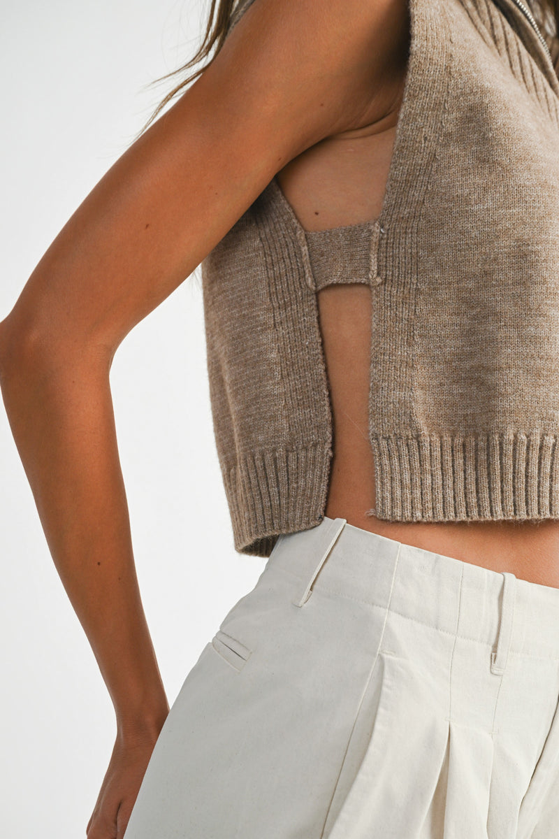 Mable Mocha Half Zip-up Side Open Knit Sweater Vest