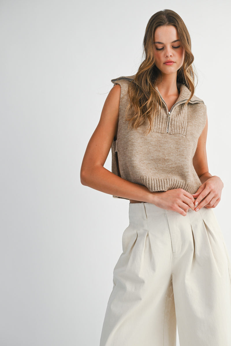 Mable Mocha Half Zip-up Side Open Knit Sweater Vest