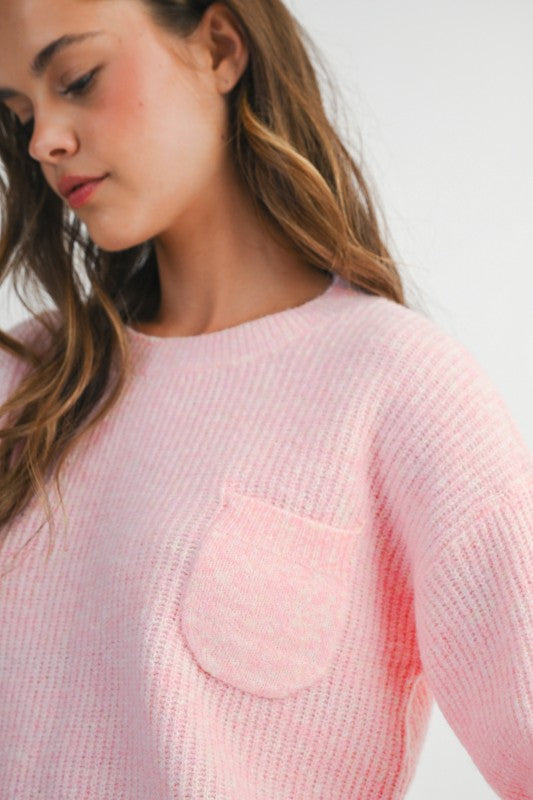Mable Straight To Business Pink Solid Crew Neck Long Sleeve Knit Pullover Sweater