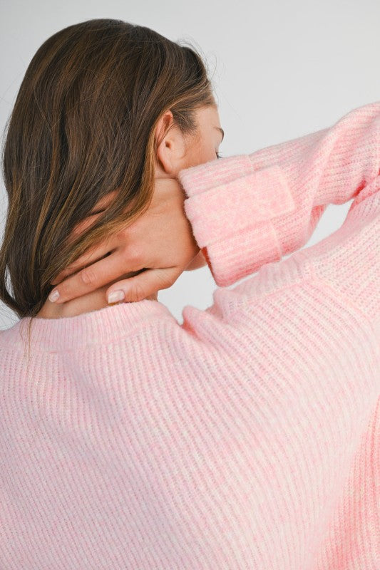 Mable Straight To Business Pink Solid Crew Neck Long Sleeve Knit Pullover Sweater