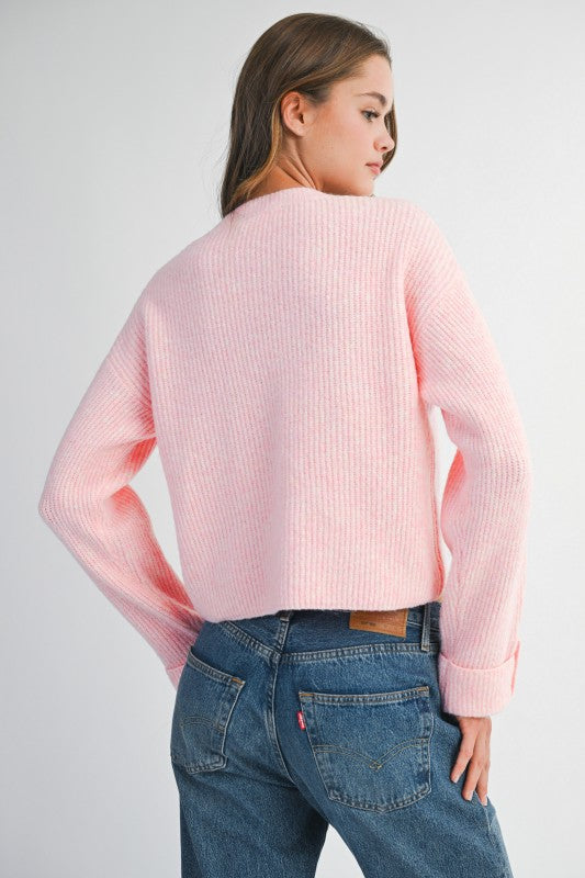 Mable Straight To Business Pink Solid Crew Neck Long Sleeve Knit Pullover Sweater