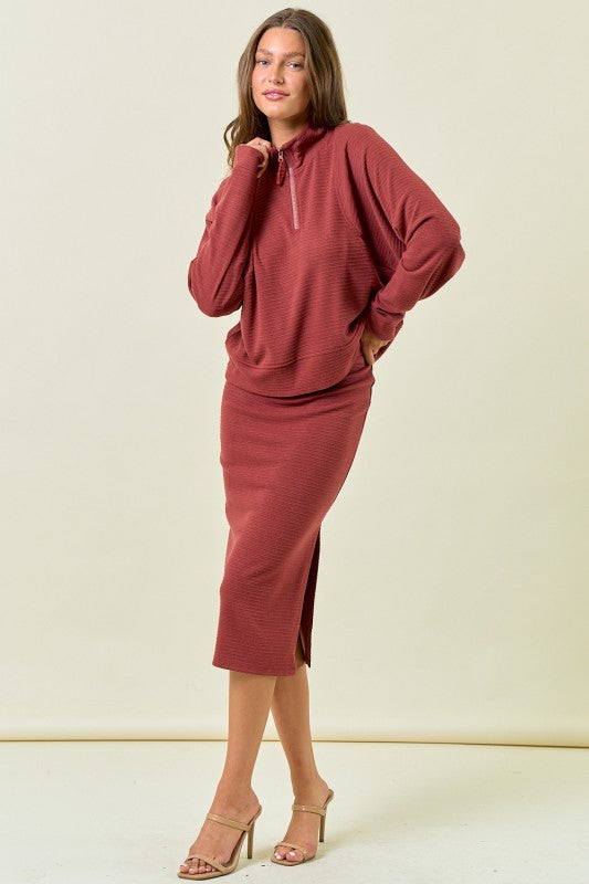 Marsala Stripe Textured Half Zip Up Long Sleeve Sweatshirt