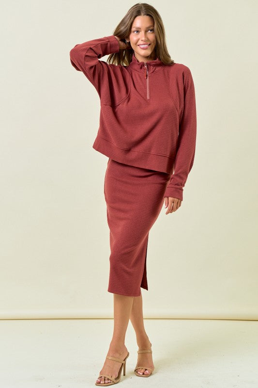 Marsala Stripe Textured Half Zip Up Long Sleeve Sweatshirt