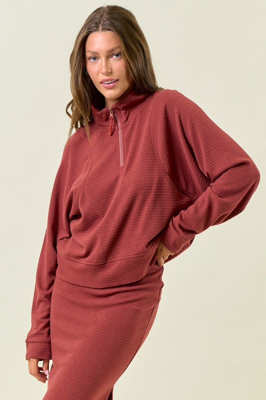Marsala Stripe Textured Half Zip Up Long Sleeve Sweatshirt