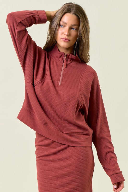 Marsala Stripe Textured Half Zip Up Long Sleeve Sweatshirt