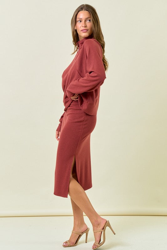 Marsala Stripe Textured Side Slit Midi Skirt