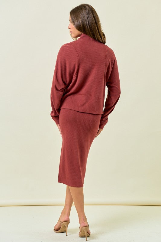 Marsala Stripe Textured Side Slit Midi Skirt