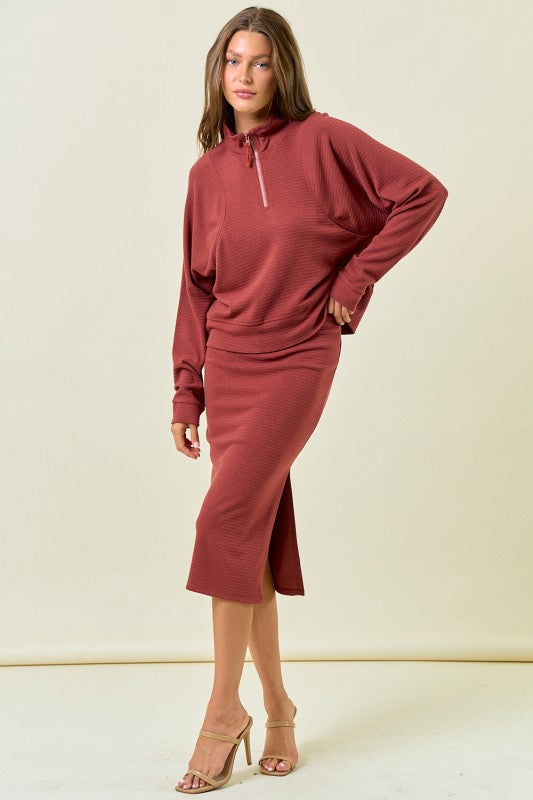 Marsala Stripe Textured Side Slit Midi Skirt