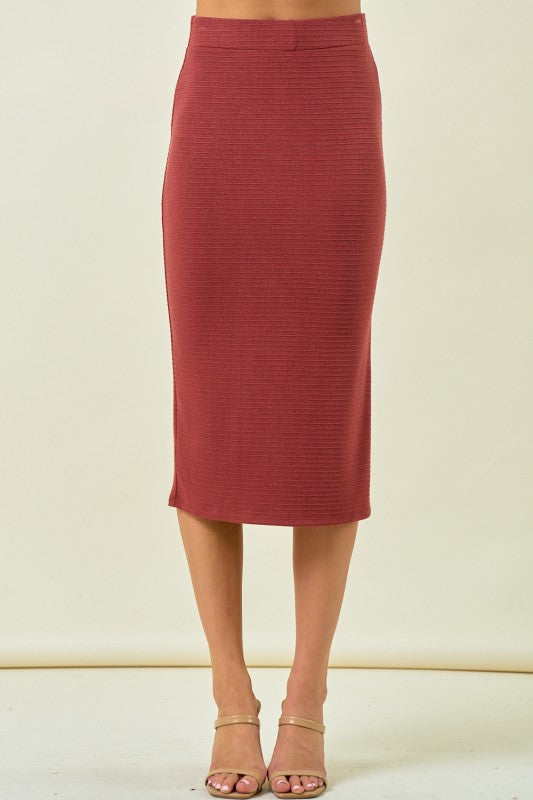 Marsala Stripe Textured Side Slit Midi Skirt