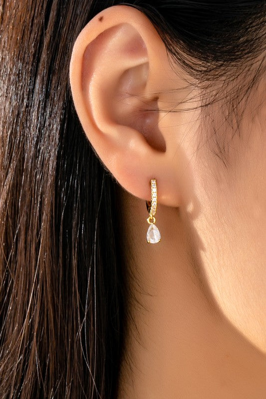 Pave Super Huggie Hoop With Teardrop Cz Earrings