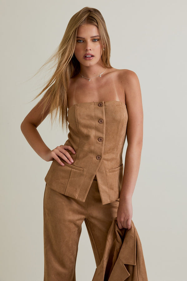 Le Lis Camel Button Front Suede Tube Blazer Top