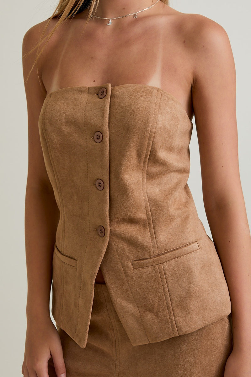Le Lis Camel Button Front Suede Tube Blazer Top