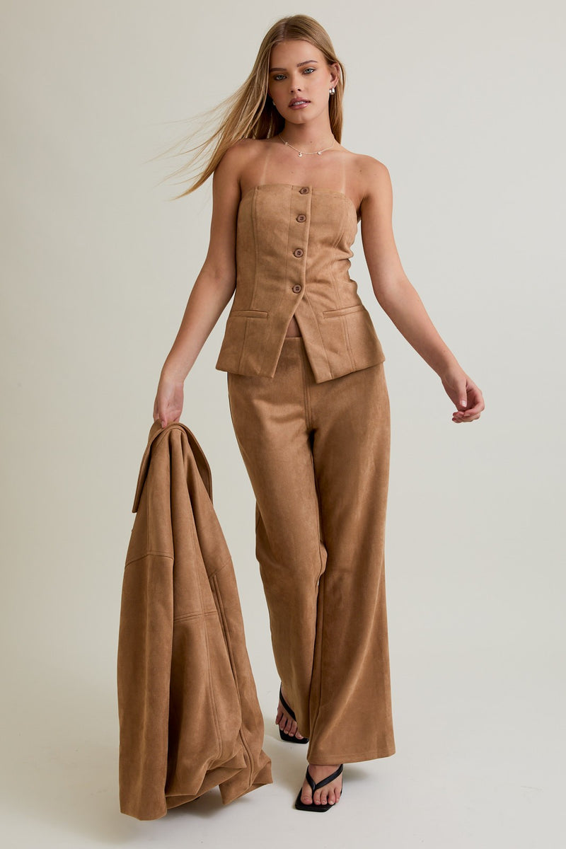 Le Lis Camel Button Front Suede Tube Blazer Top