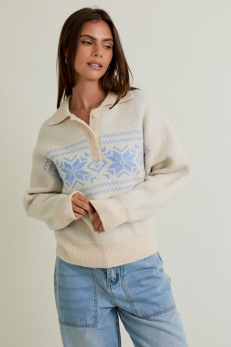 Le Lis Collared Knit Sweater Top With Buttons