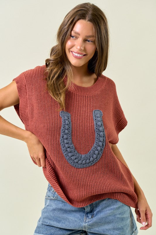 Terra Cotta Horseshoe Ribbed Sweater Vest
