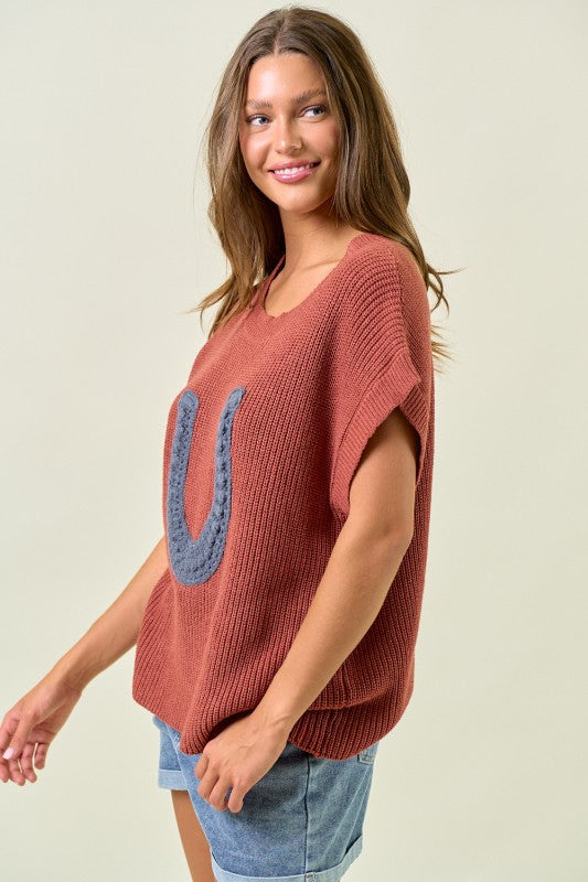 Terra Cotta Horseshoe Ribbed Sweater Vest