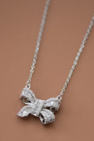 Silver Zircon Crystal Bow Necklace, Stainless Steel Chain