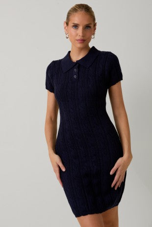 Navy Collar Scallop Detail Cable Knit Midi Dress