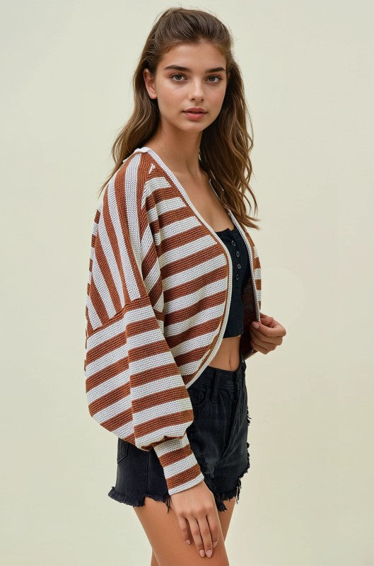 Pumpkin Spice Striped Knit Exaggerated Sleeve Shrug