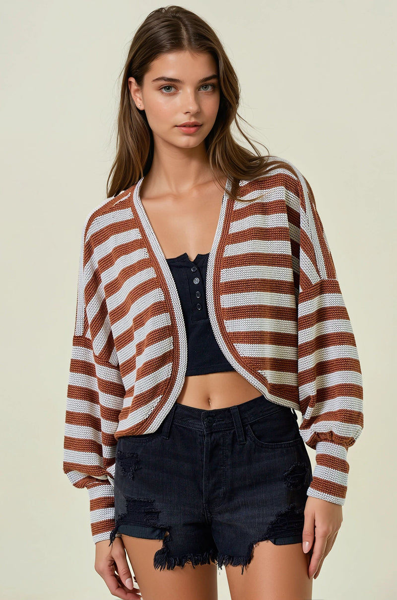 Pumpkin Spice Striped Knit Exaggerated Sleeve Shrug
