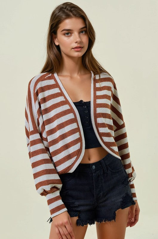 Pumpkin Spice Striped Knit Exaggerated Sleeve Shrug