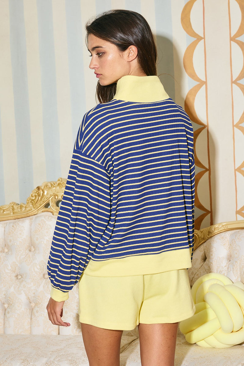 Bucketlist Blue And Yellow Half Zip-up Stripe Print Pullover Top
