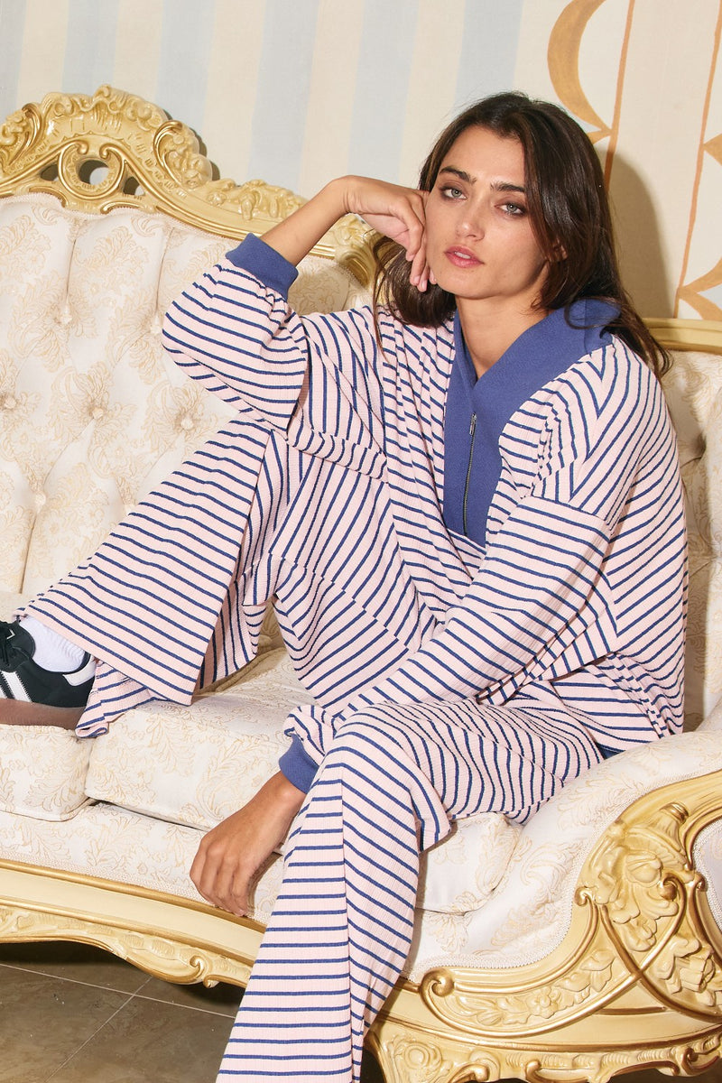 Bucketlist Blue And Pink Half Zip-up Stripe Print Pullover Top