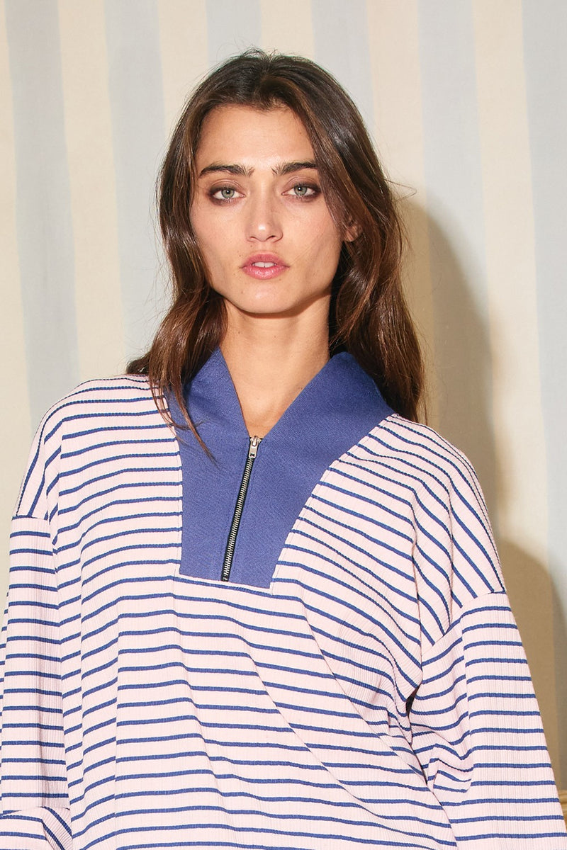 Bucketlist Blue And Pink Half Zip-up Stripe Print Pullover Top