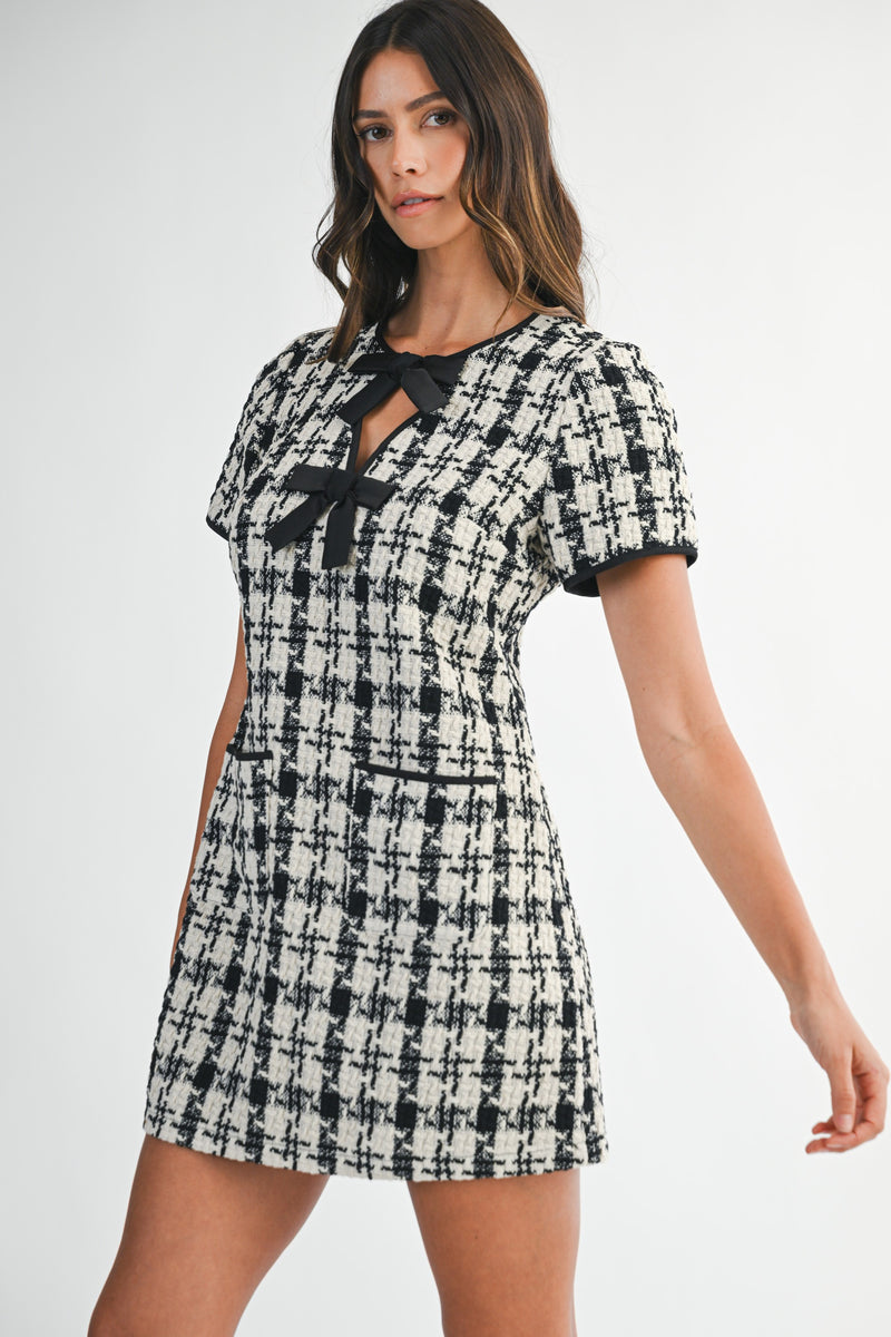 Mable Tweed Short Sleeve Front Bow Detail Mini Dress