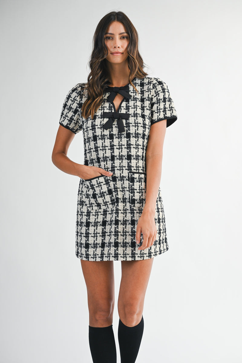 Mable Tweed Short Sleeve Front Bow Detail Mini Dress