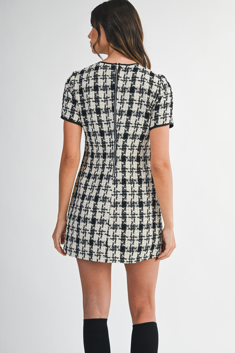 Mable Tweed Short Sleeve Front Bow Detail Mini Dress