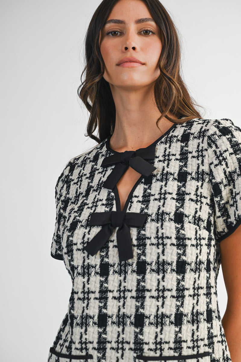 Mable Tweed Short Sleeve Front Bow Detail Mini Dress