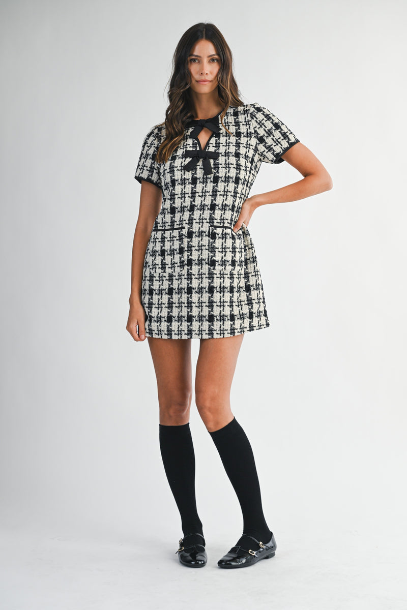 Mable Tweed Short Sleeve Front Bow Detail Mini Dress