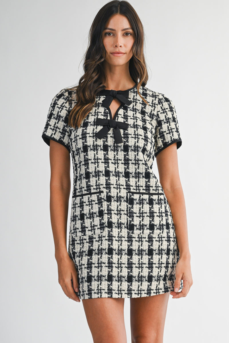 Mable Tweed Short Sleeve Front Bow Detail Mini Dress