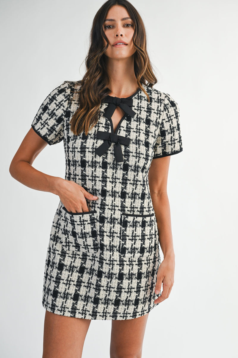 Mable Tweed Short Sleeve Front Bow Detail Mini Dress