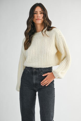 Mable Mocha Chunky Knit Balloon Sleeve Pullover Sweater