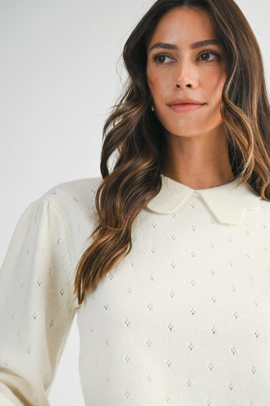 Mable Cream Knit Scallop Collar Hem Crop Pointelle Sweater Top
