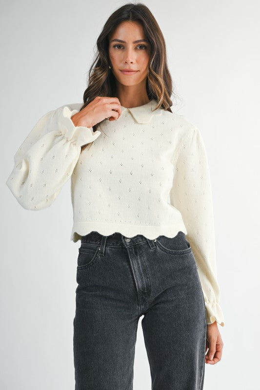 Mable Cream Knit Scallop Collar Hem Crop Pointelle Sweater Top
