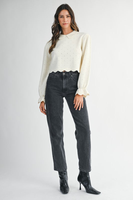 Mable Cream Knit Scallop Collar Hem Crop Pointelle Sweater Top