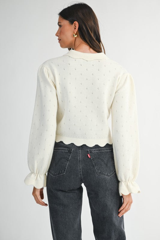Mable Cream Knit Scallop Collar Hem Crop Pointelle Sweater Top